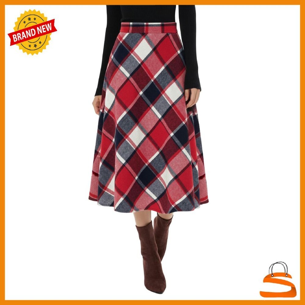 Women's Long Plaid Skirt High Elastic Waist A-Line Flared Maxi Wool Blend - Picture 1 of 8